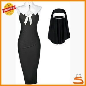Medium Slim Fit Polyester Nun Costume Dress with Headpiece for Halloween